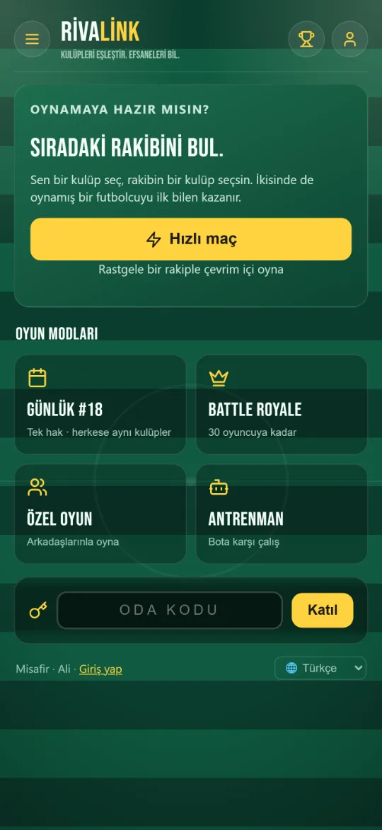 RivaLink ana ekranı: hızlı maç, günlük meydan okuma, Battle Royale, özel oyunlar ve antrenman