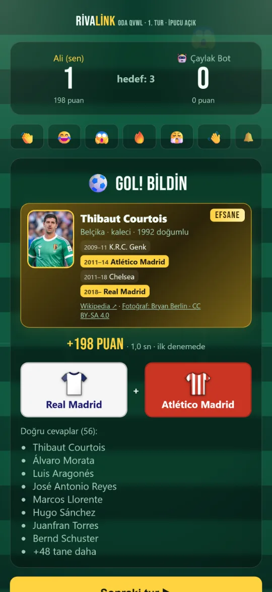 RivaLink’te kazanılan bir tur: doğru cevabın futbolcu kartı ve oynadığı tüm kulüpler