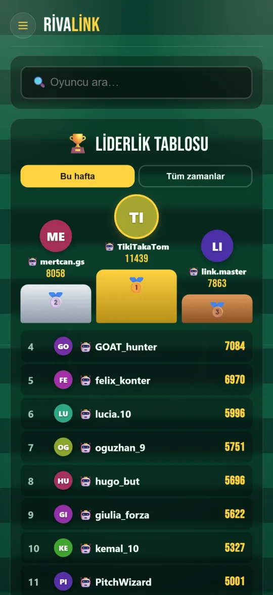 RivaLink haftalık sıralaması ve ilk üç için kürsü